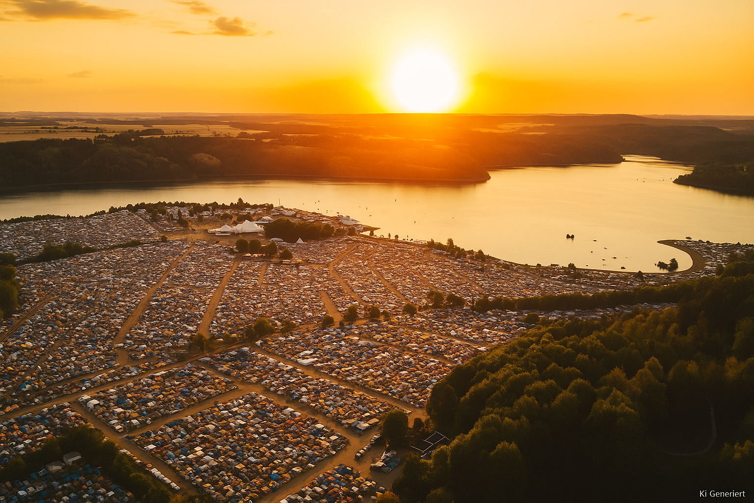 Sonne Mond Sterne Festival von oben mit der Hauptbühne an der Bleilochtalsperre