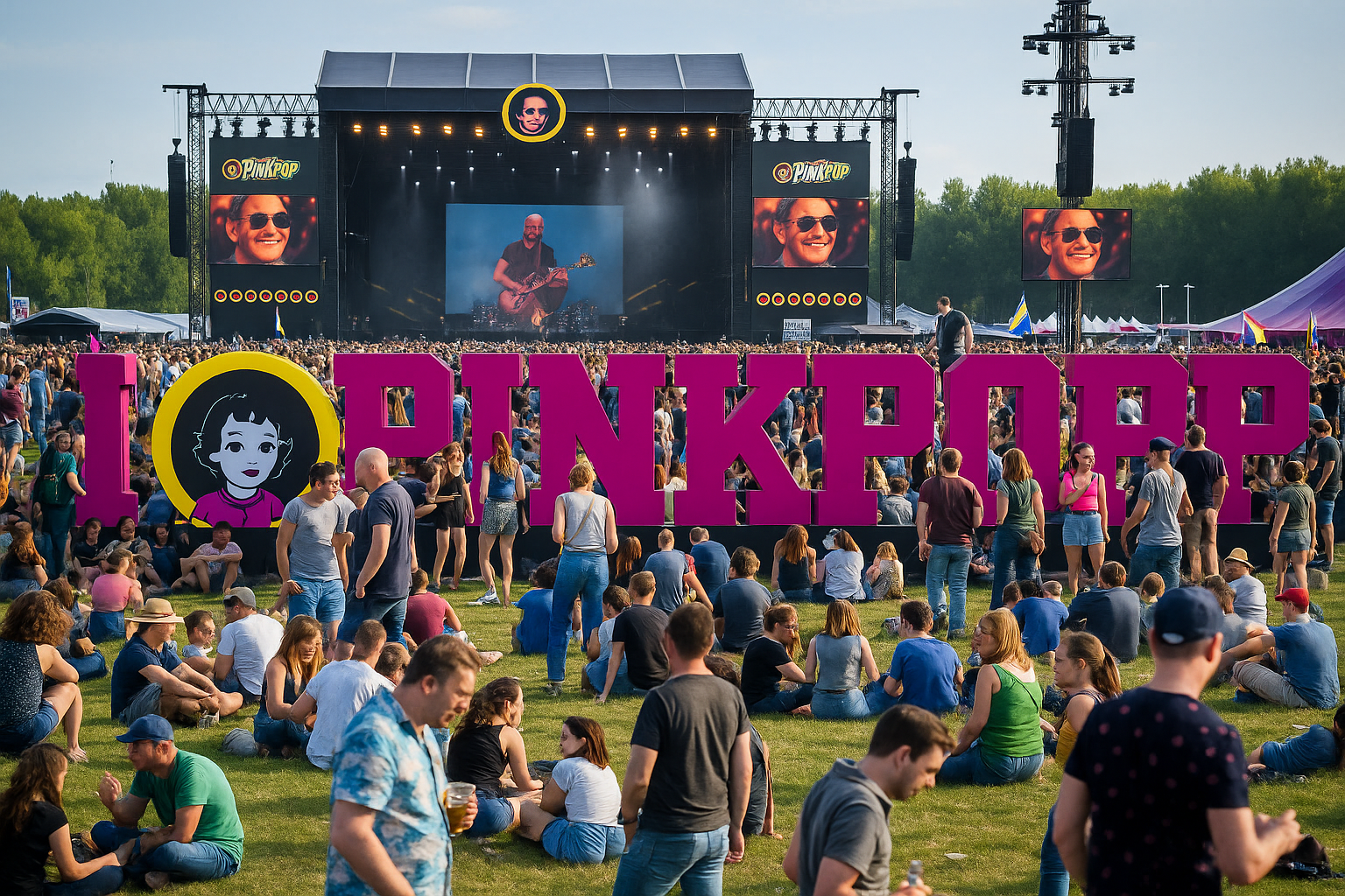 Menschenmenge auf einer wiese beim pinkpopp festival