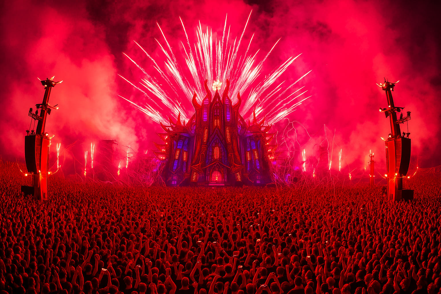 Menschenmenge vor einer bühne mit feuerwerk beim defqon festival