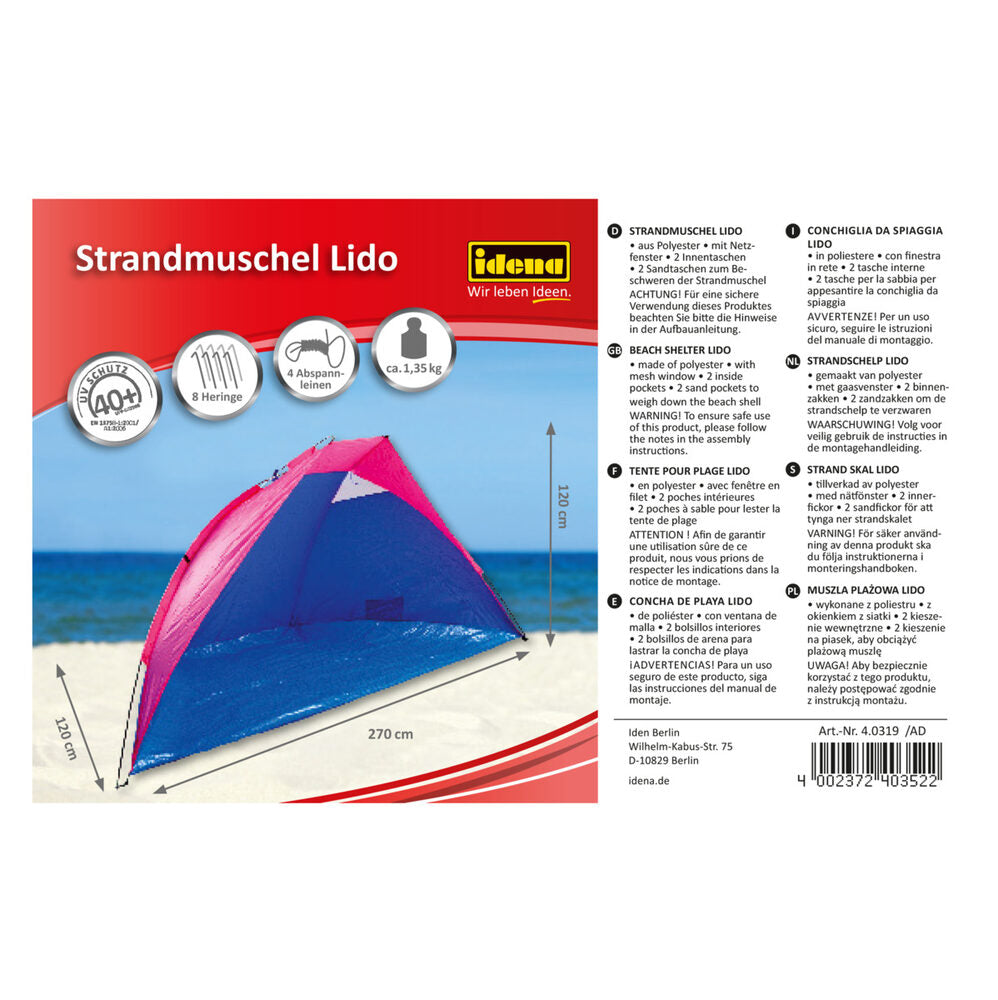 UV40+ Strandmuschel Lido in Blau/Pink 270x120x120cm