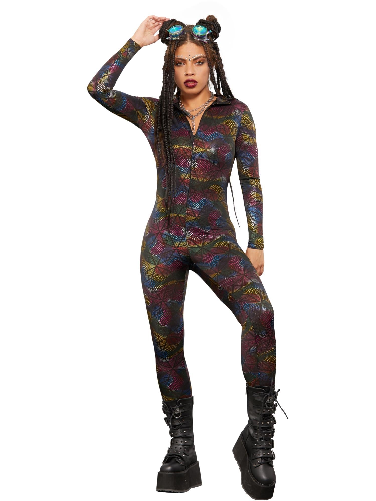 Fever Miss Whiplash Geometric Print Catsuit