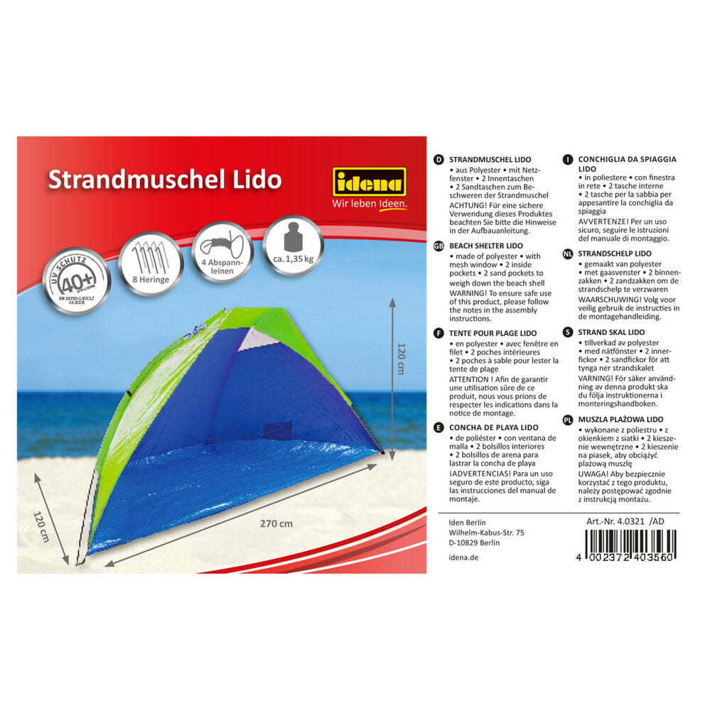 UV40+ Strandmuschel Lido in Blau/Grün 270x120x120cm