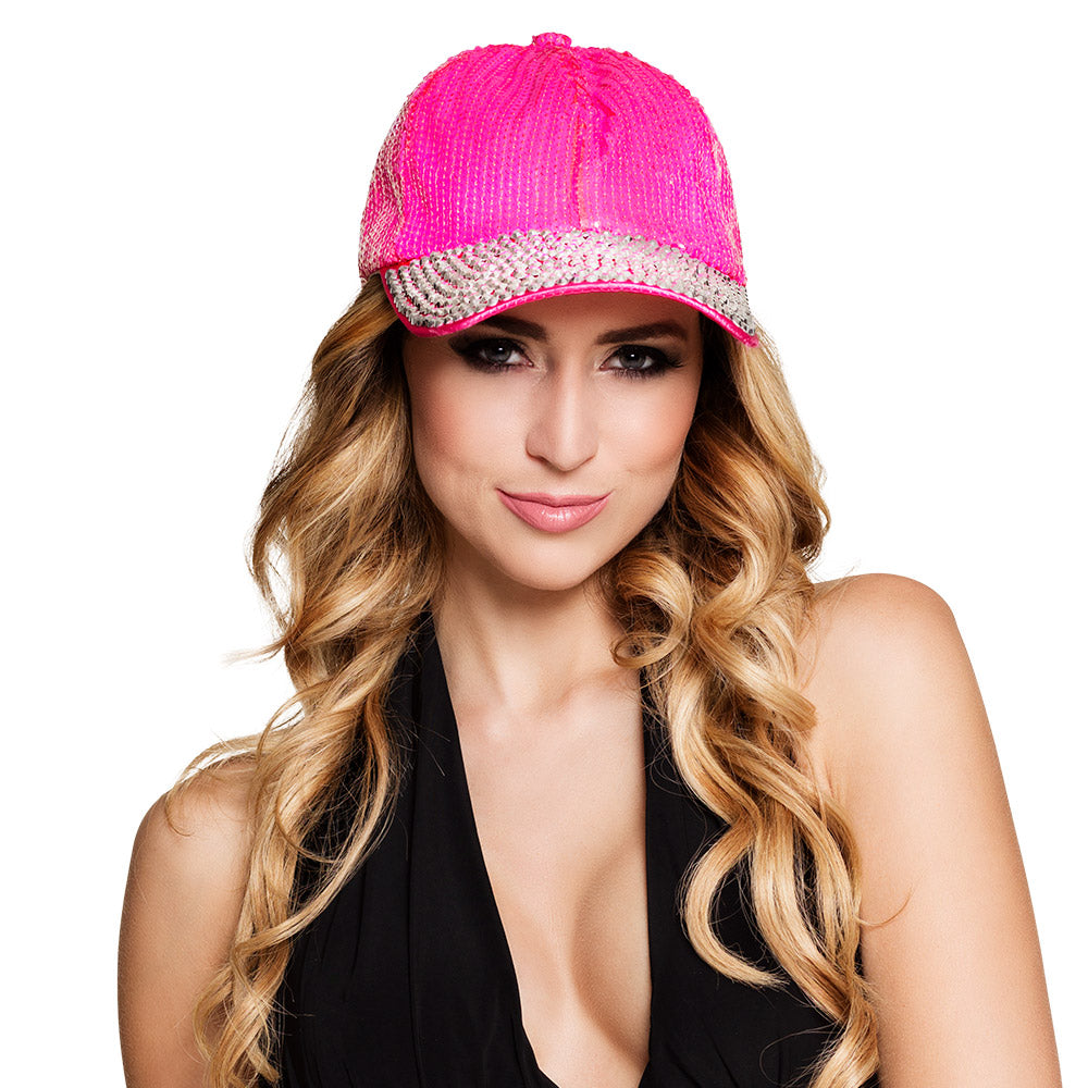 Pinke Pailletten Cap mit Strasssteinen