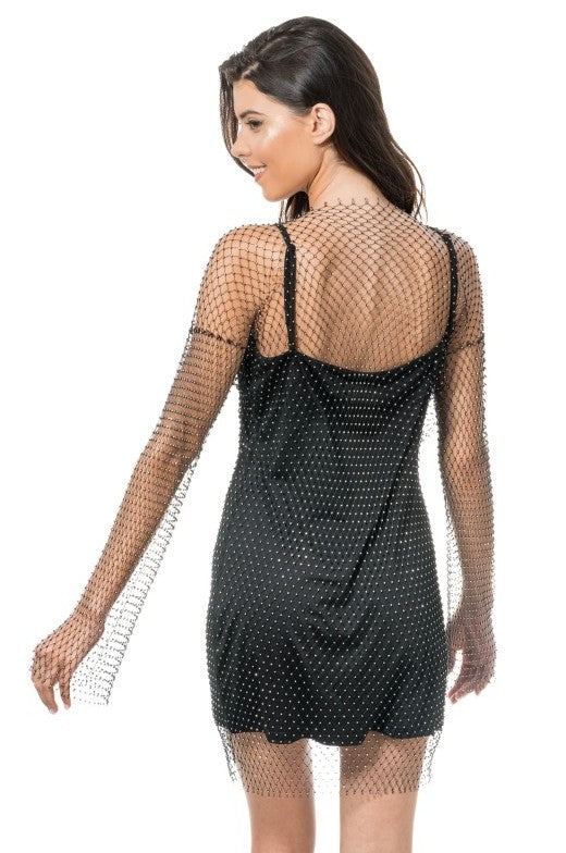 Schwarzes Mesh-Kleid mit Strass One Size