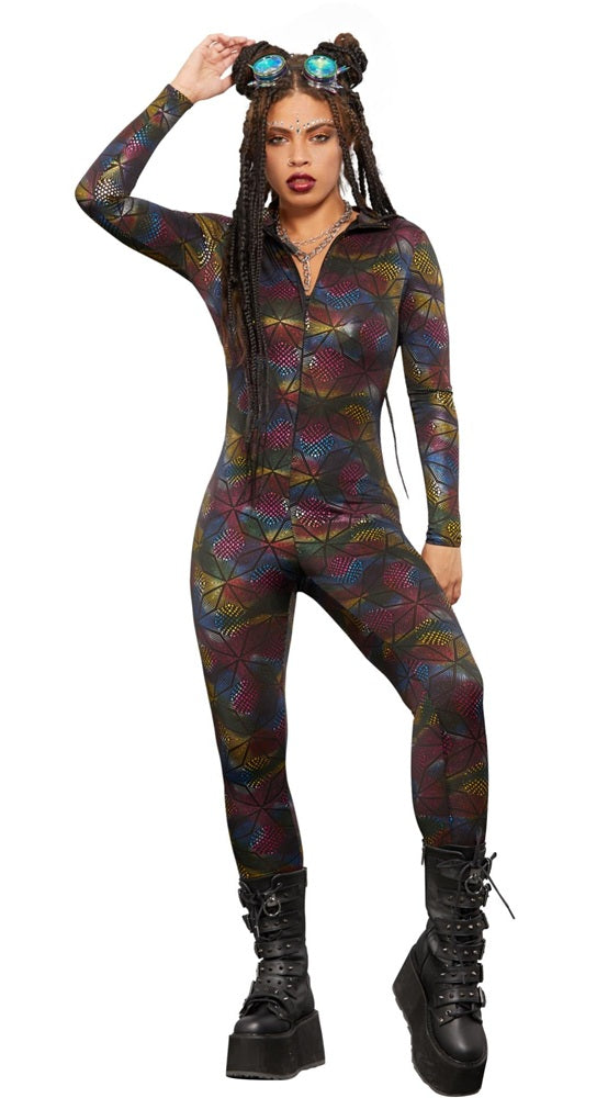 Fever Miss Whiplash Geometric Print Catsuit