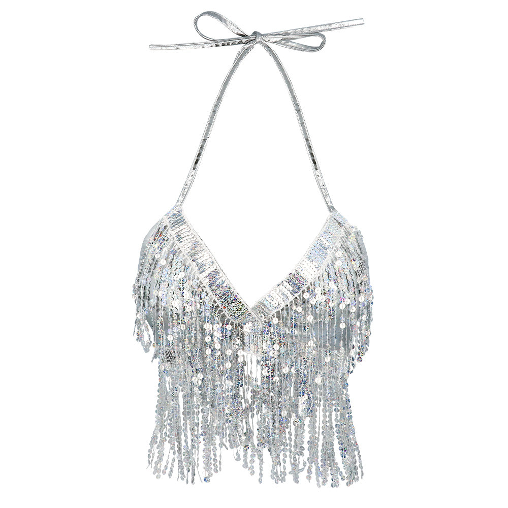 Silbernes Neckholder Crop Top mit Pailletten