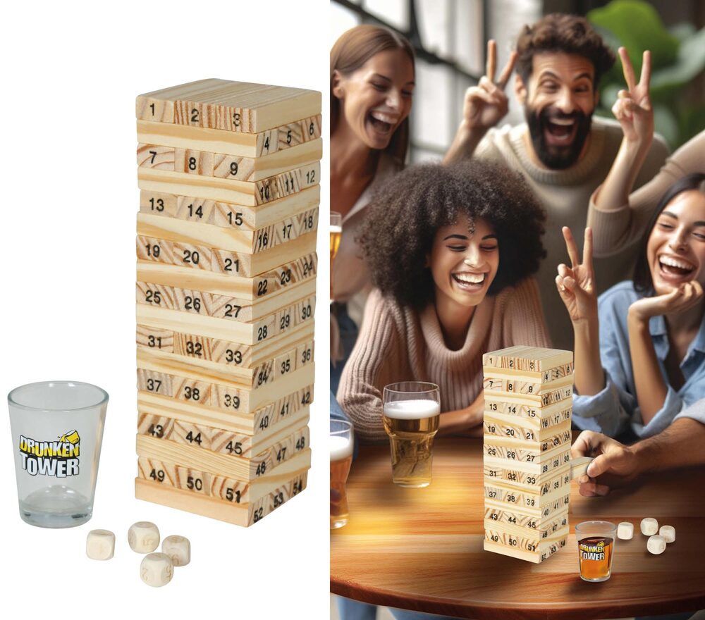 Balance Holz-Turmspiel mit 4 Gläsern