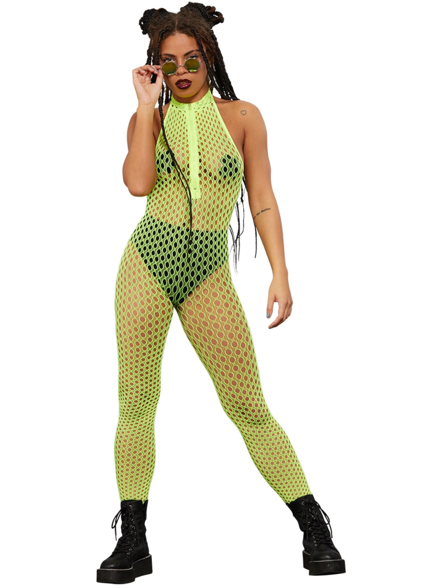Sexy Neon Gelber Reißverschluss Bodysuit für Damen