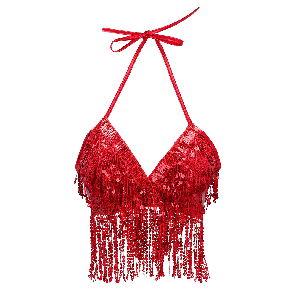 Rotes Neckholder Crop Top mit Pailletten