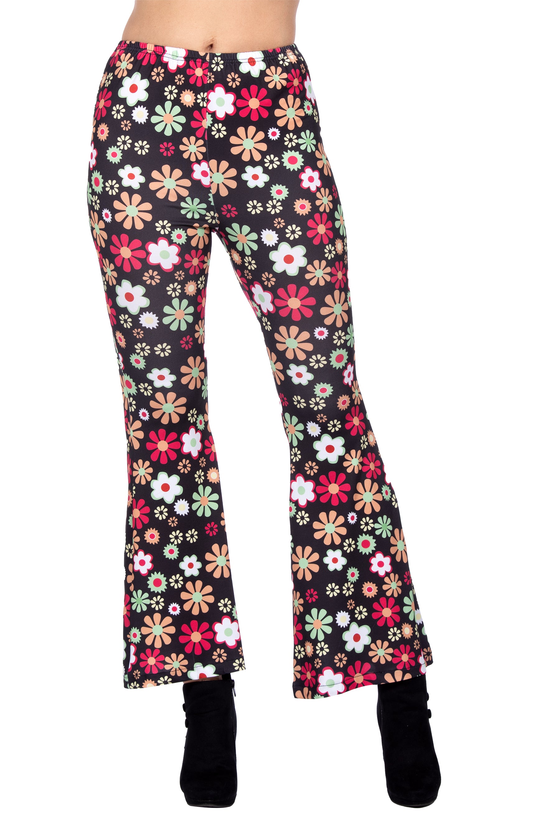 Schwarze Hippie Schlaghose mit Blumen für Damen
