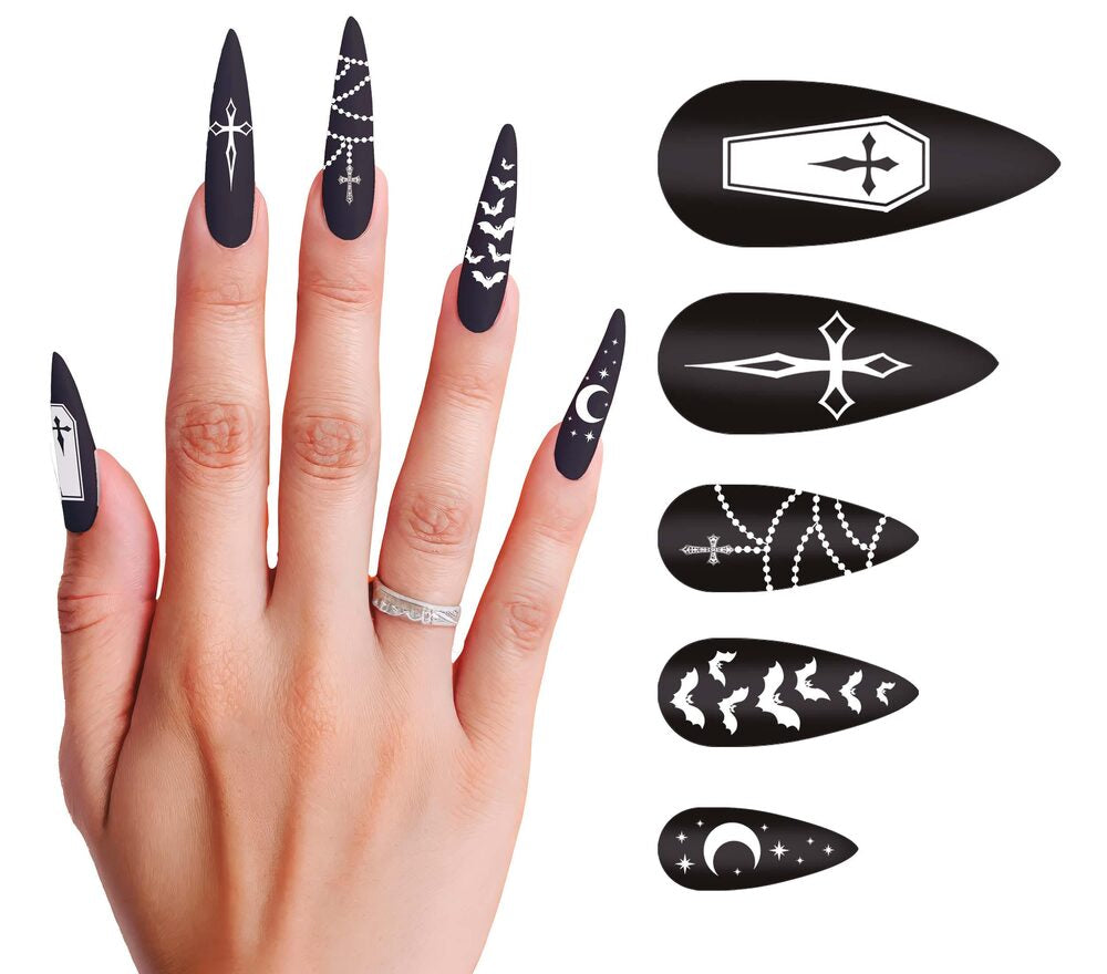 12 lange Gothic Nägel mit Kleber