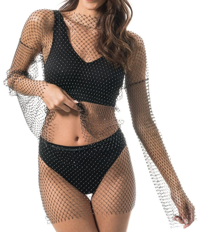 Schwarzes Netz-Top mit Strass