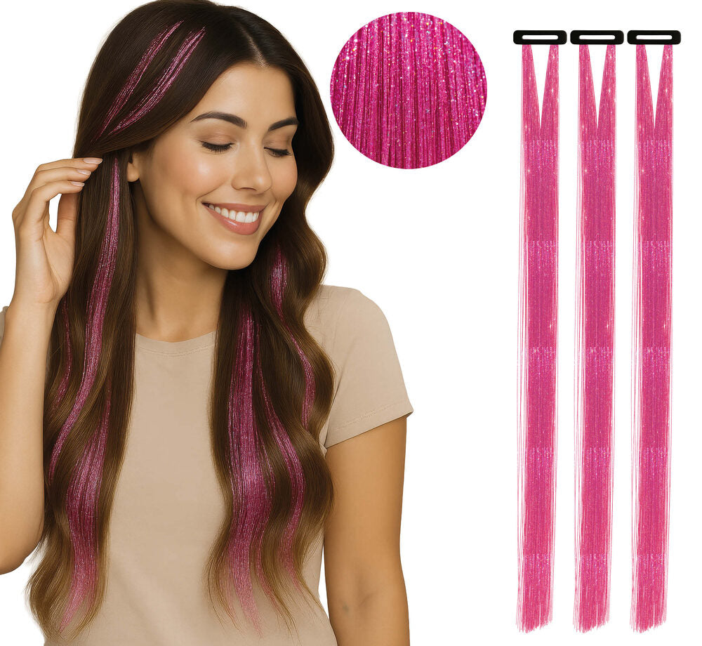 3 Pinke Kunsthaar Haarclips 50cm