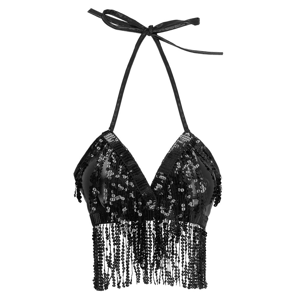 Schwarzes Neckholder Crop Top mit Pailletten