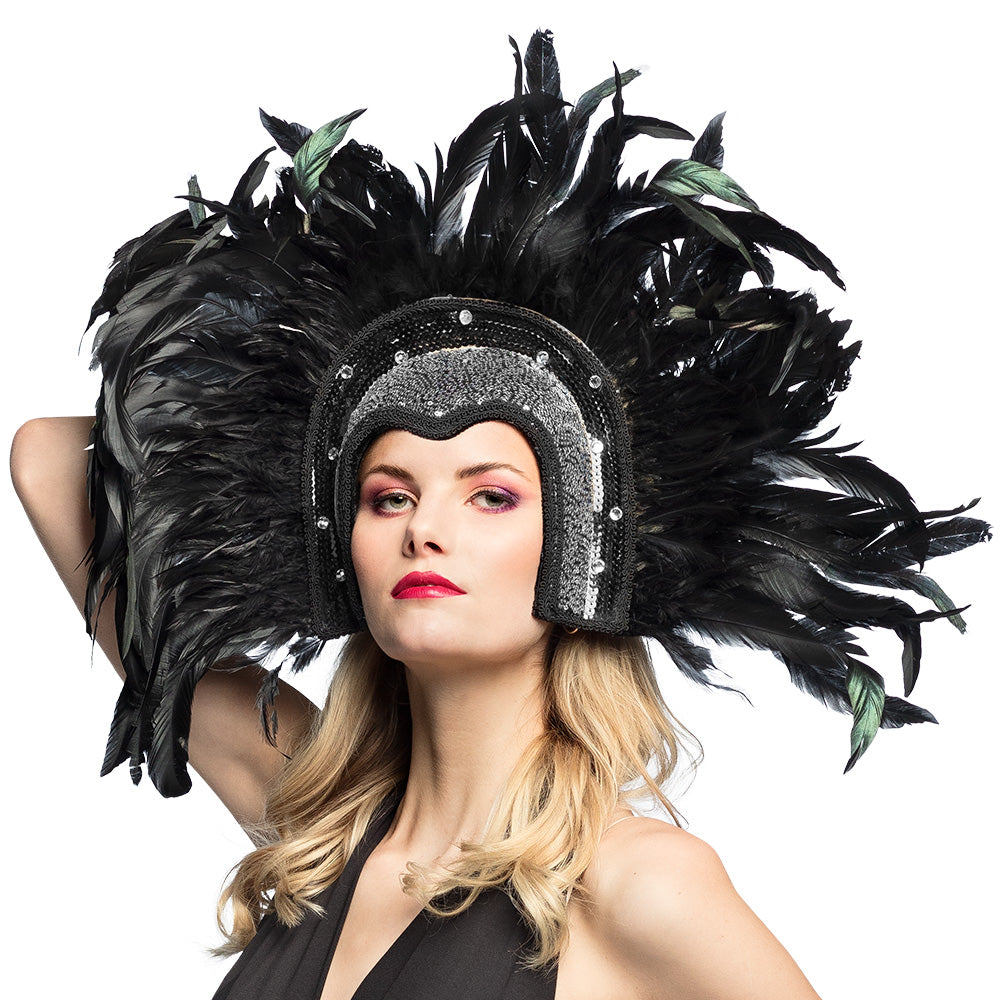 Showgirl Camilla Kopfschmuck mit Federn Schwarz-Silber